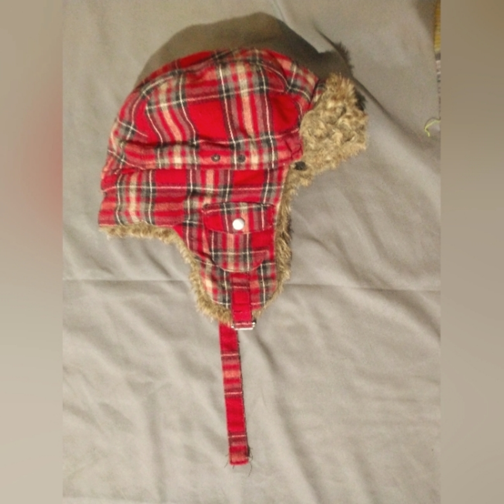 Mens Route 66 Winter Warm Fur Lined Red Plaid Trapper Hat